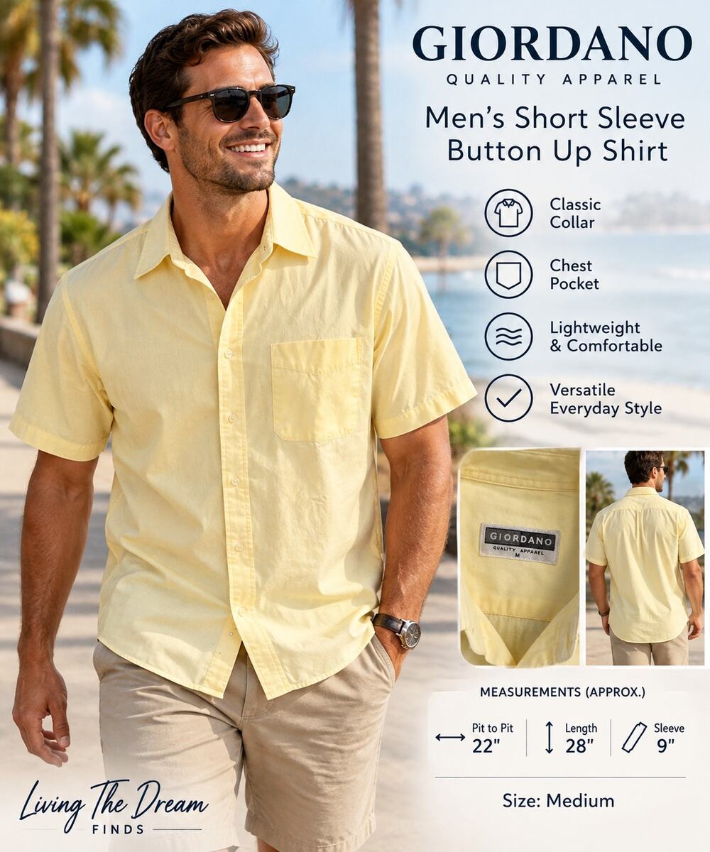 Giordano Men’s Medium Yellow Short Sleeve Button Up Shirt Pocket Casual